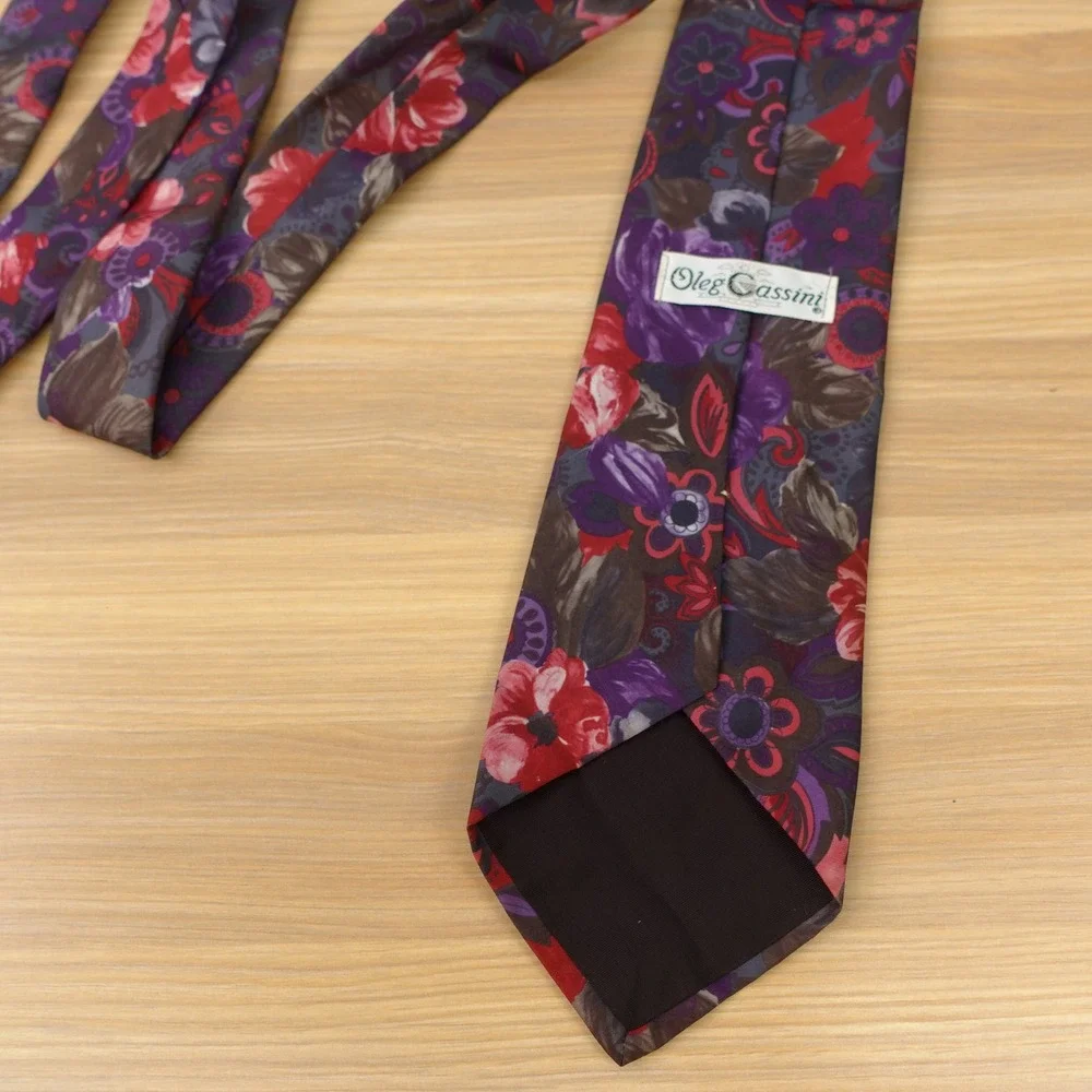 Vintage Purple Red Tie Mens Earthy Floral Painterly Eclectic Garden OLEG CASSINI